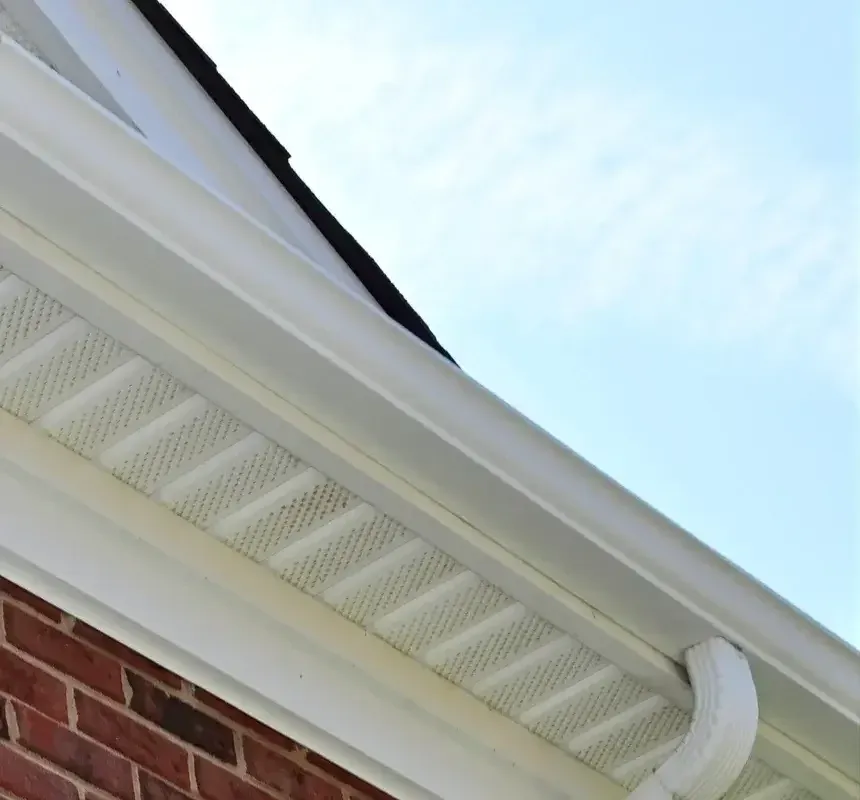 Gutter exterior with dark tiger-stripe streaking beside a brightened, clean gutter after professional treatment
