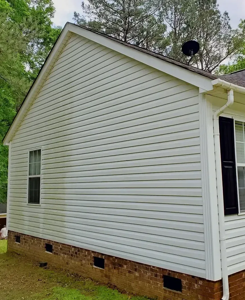 Vinyl siding with dark algae staining beside freshly cleaned siding after a professional soft house wash