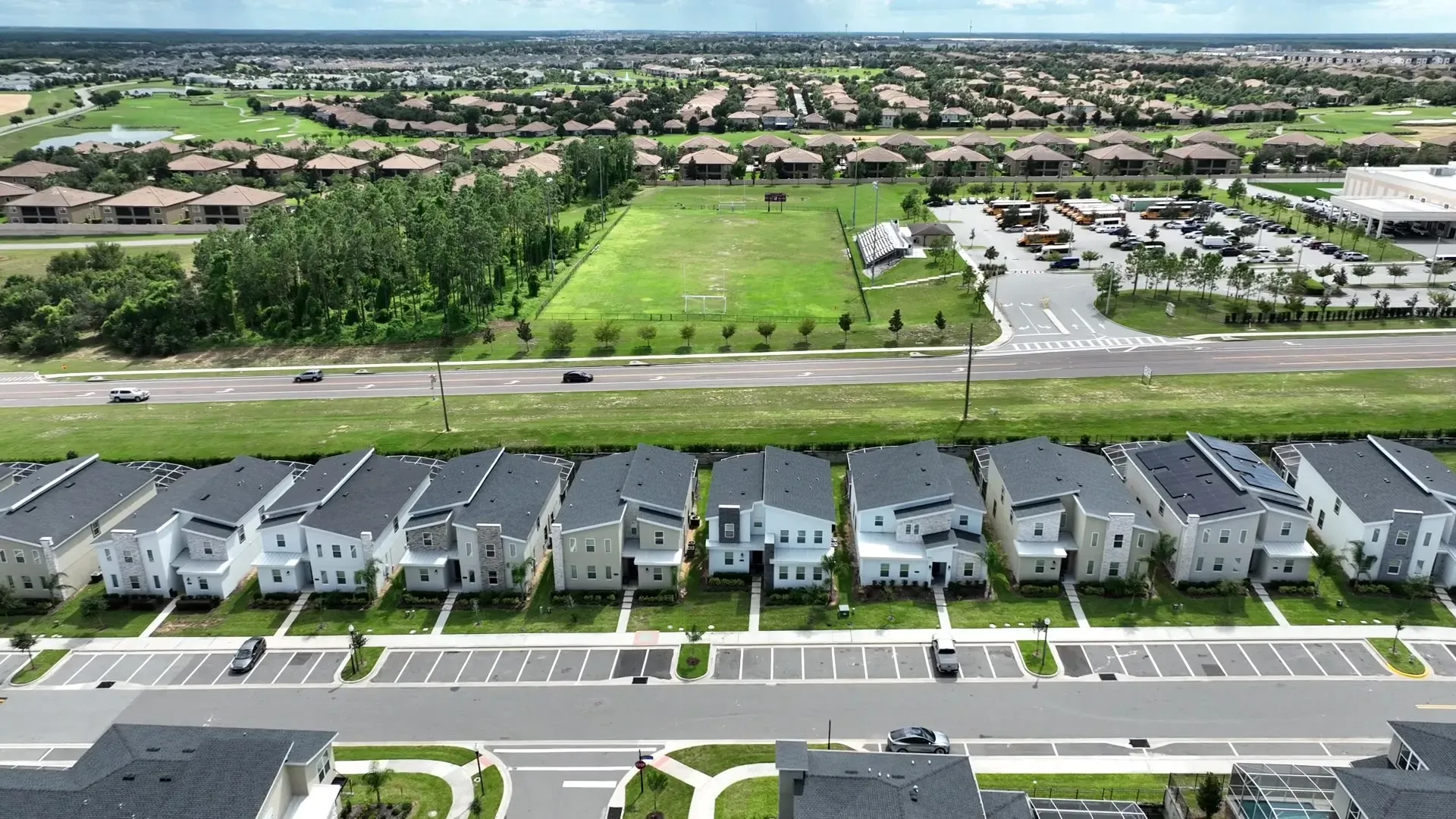 Neighborhood homes with green lawns seen from above in Indian Land, SC